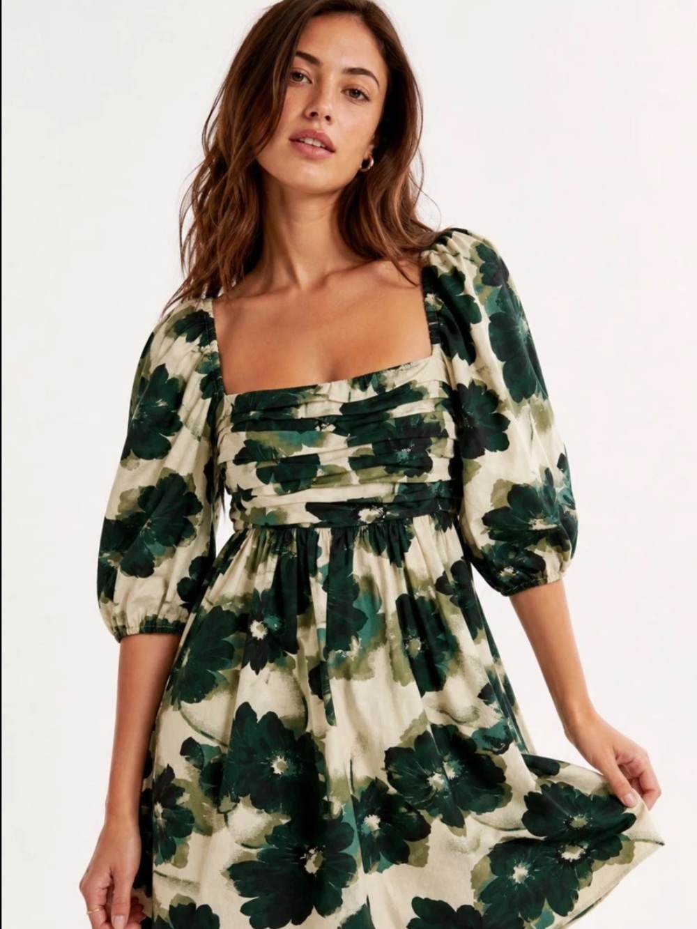 Abercrombie & Fitch White and Dark Green Floral Puff-Sleeve Midi Dress Size Smal